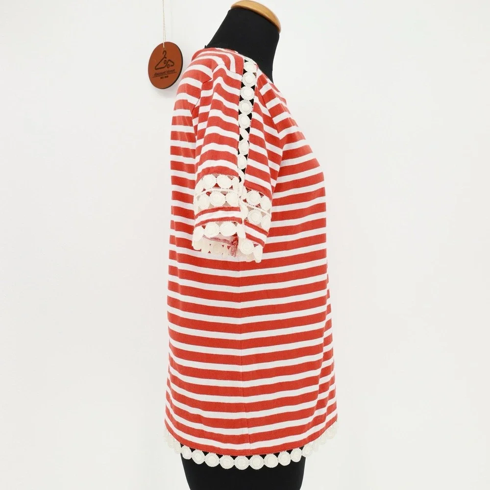 J. Crew Red White Stripe Lace Short Sleeve Crewneck Pullover Cotton Top F7534 XS